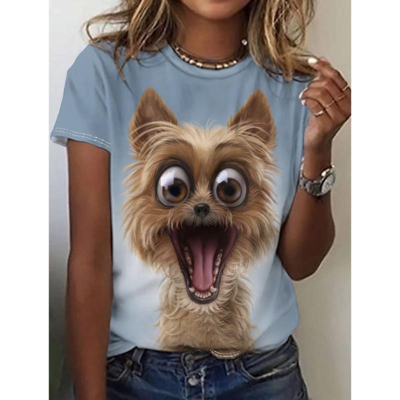 Women's Printed T-shirt with Cat Pattern - Casual Short-Sleeved Top - Large Size - Women's Clothing