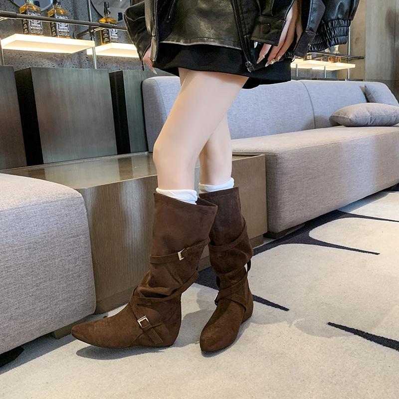 Inner Heightening Boots Women's 2025 New Autumn Retro Versatile Stacking Boots Belt Buckle Slim Tall Knight Boots