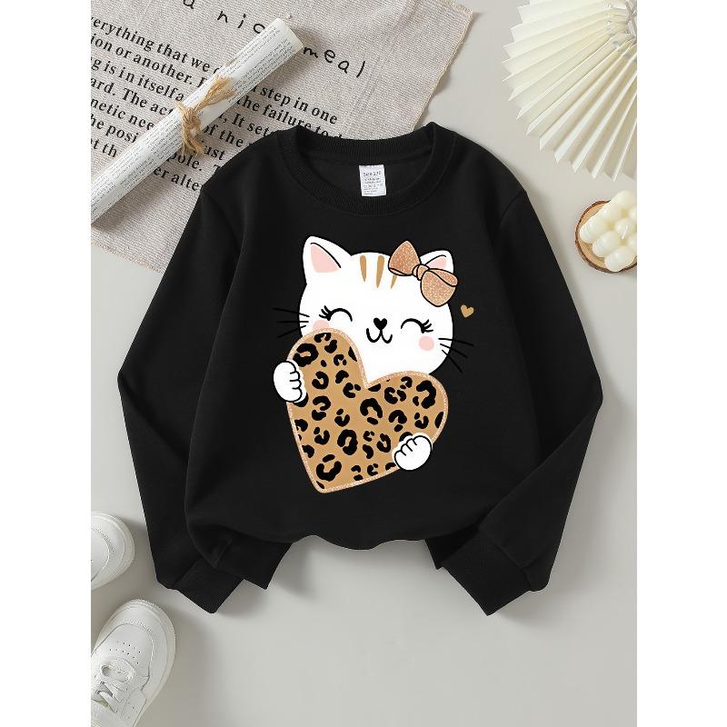 Kids Sweatshirt,Crew Neck Fashion Top, Fun "Cute Cat Leopard Heart" Patterned Sweatshirt,for Everyday Casual Wear, for All Kinds of Daily Outfits