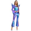 S-3XL Women‘s Disco Jumpsuit Halloween Costume: Shiny Metallic Long Sleeve High Waist Romper with Bell Bottoms & Front Zip