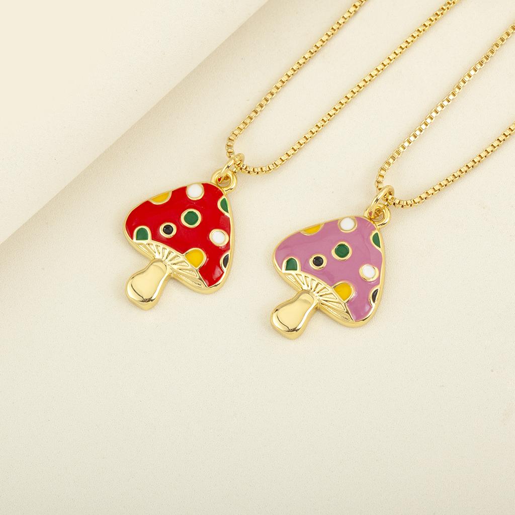 Nidin Cute Colorful Enamel Spotted Mushroom Pendant Cartoon Red/Pink Charm Necklaces For Women Girls Friendship Jewelry Gifts