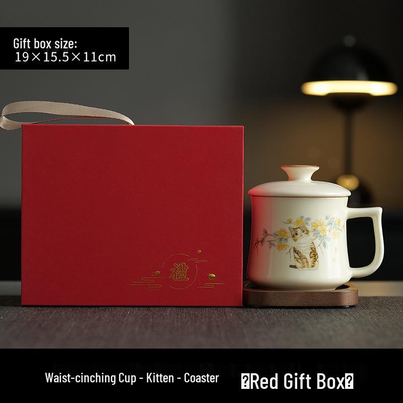 Beige Ru Ware Ceramic Tea Cup with Cute Kitten Design and Lid, Gift Boxed