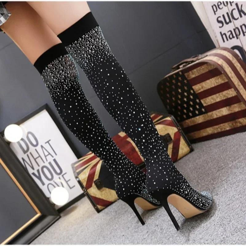 Mode Sommer Kniestiefel Luxus Frau Schuhe Strass Spitzschuh Sexy High Heels Plus Größe 43 Oberschenkel Hohe Socken Botas De Mujer