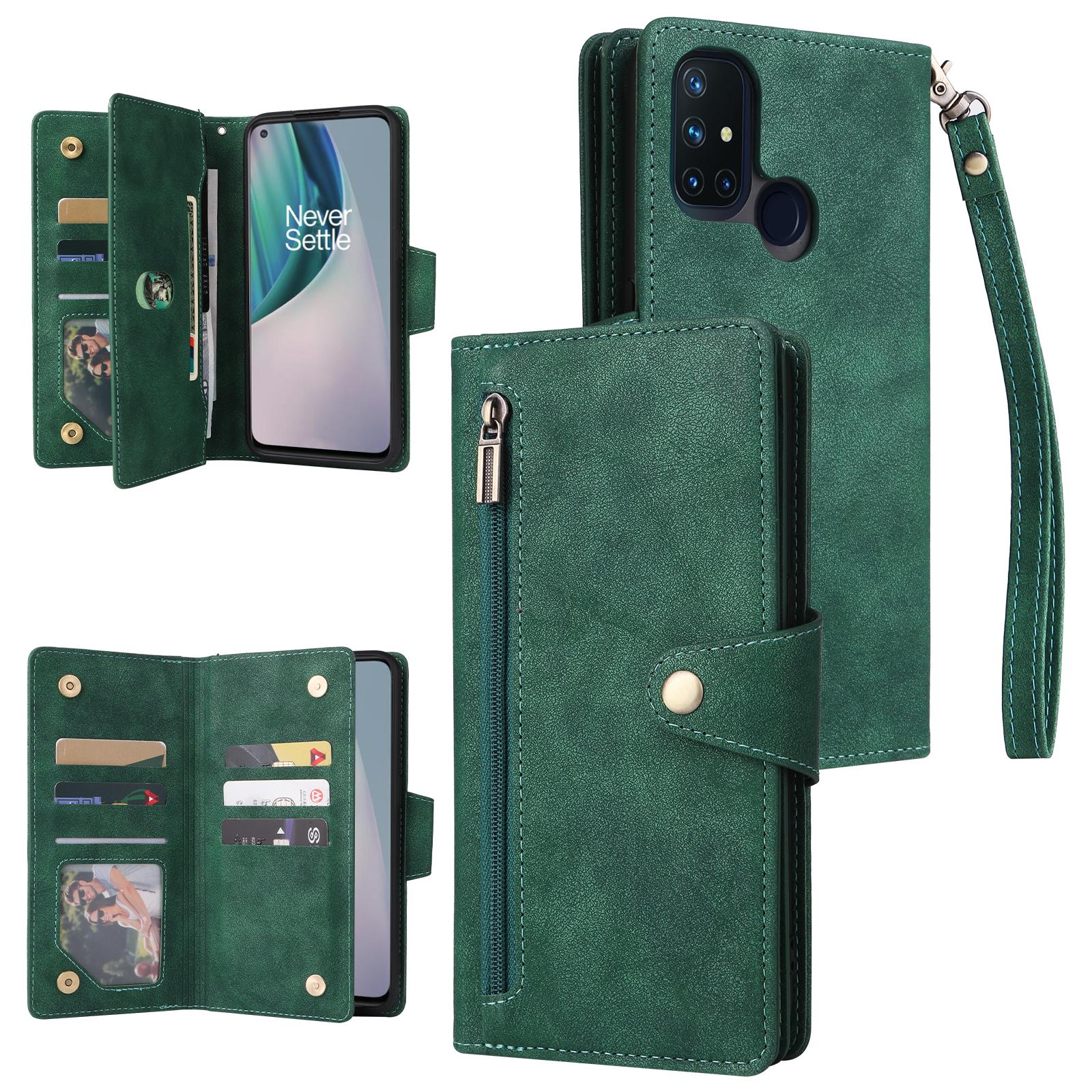 

For OnePlus Nord N10 5G Cell Phone Case PU Leather Wallet Cover with Rivet Decor Green