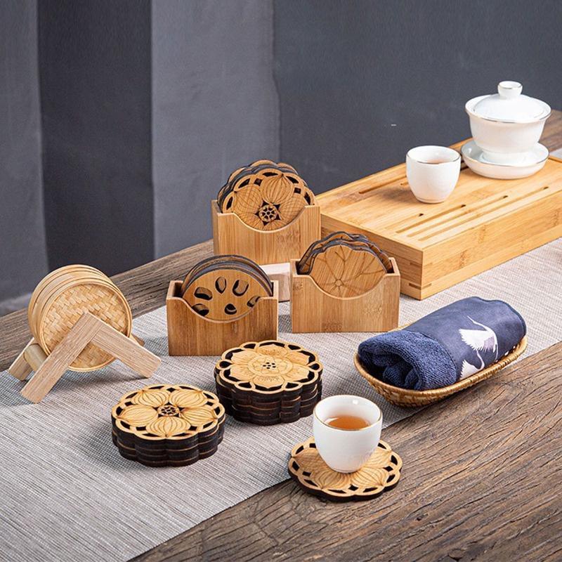 1 Stück Lotosform Getränkeuntersetzer Matte Holz Rund Tasse Tischmatte Tee Kaffee Tasse Platzset Heimdekoration Küchenzubehör