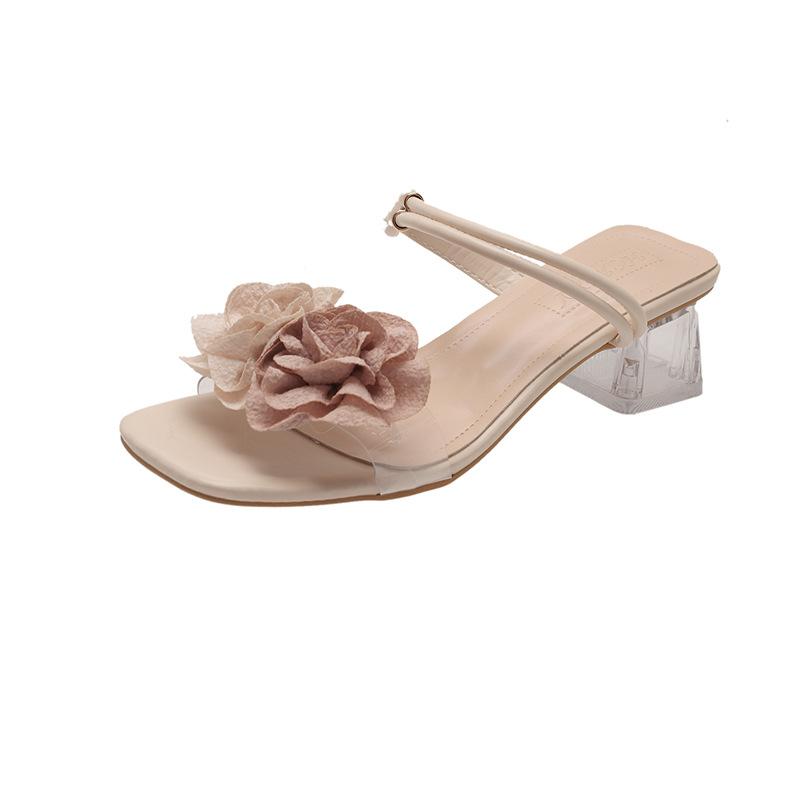 Thick Heel One-word Slippers Women's Shoes Summer Camellia Flower Cool Slippers with Skirt Sandals