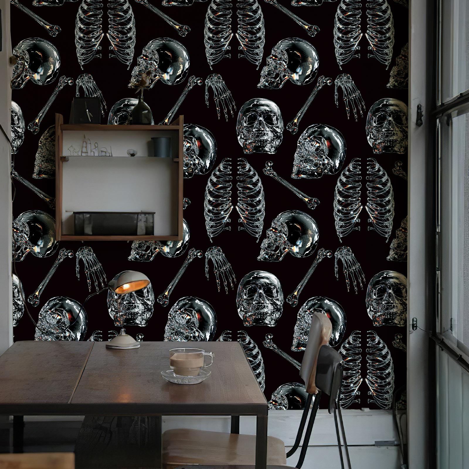 

Обои с черепом из темного цветного стекла Шикарные черные прозрачные обои с скелетом Контактная бумага для стен Фестиваль Хэллоуин Самоклеящиеся обои 44cmx300cm