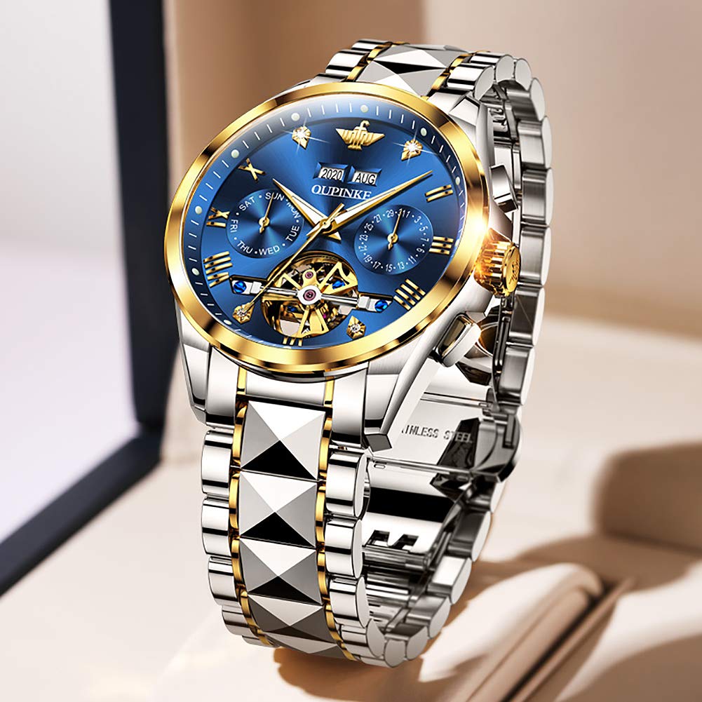 OUPINKE Automatic Watch Business Mechanical Watch Skeleton Waterproof Calendar Automatic Manual Winding Hollow Dial Blue Men's - - - - -