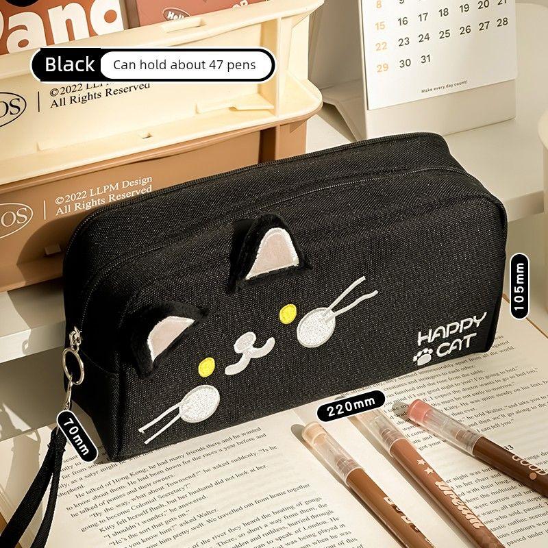 

Grade Three Class Two Cute Cat Pencil Case Large Capacity Good-looking Stationery Box Girl Student Multifunctional Pencil Case K Black