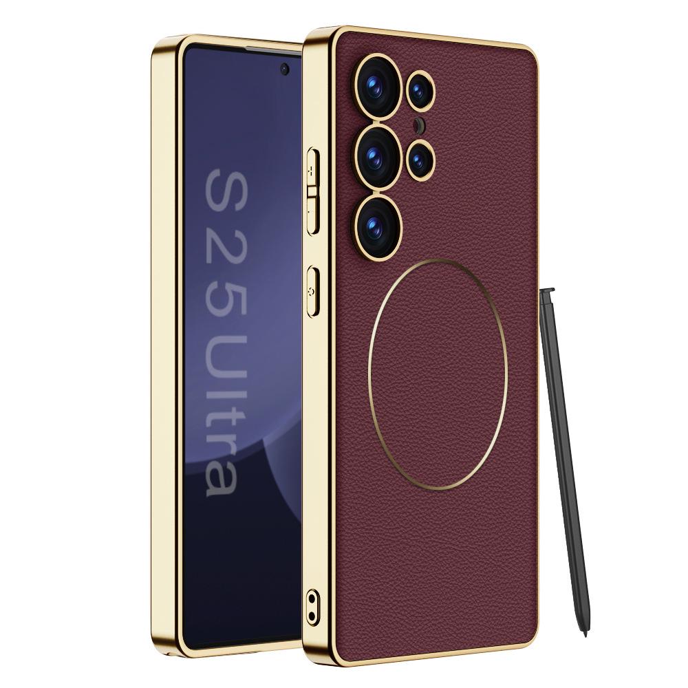 Samsung S25 Ultra Mobile Phone Case S24u Electroplating Plain Leather S23ultra Wireless Charging Anti Fall Protection Case