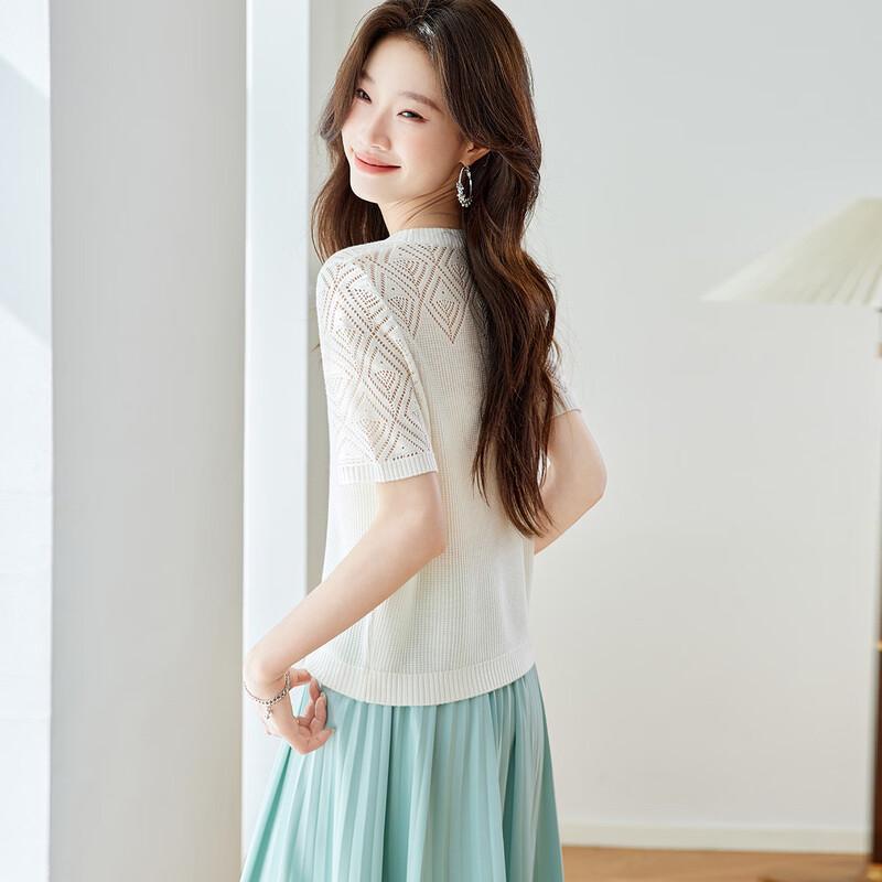 Srcr Women's Premium Hollow-Out Knit Short Sleeve Top with Silk Blend