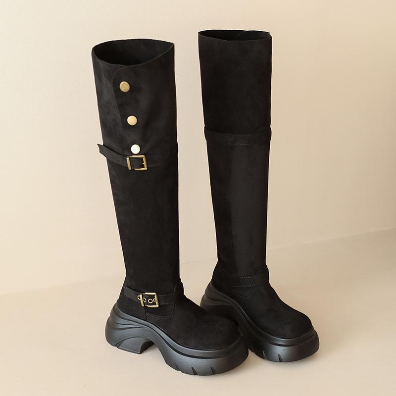 Over-knee Boots Women's Thick-soled Inner Height Increase Merad Long-tube Boots Thick-soled Large-tube Circumference Widened Fat Mm Large Size