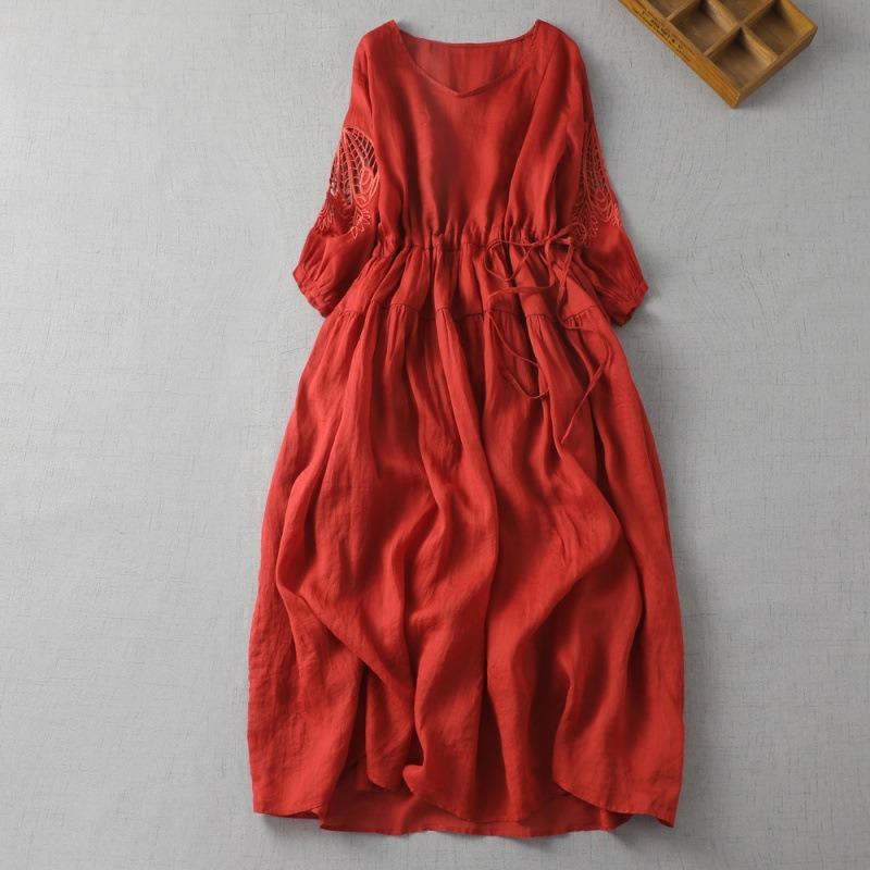 Literarisches Retro-Kleid für Damen, hautfreundlich, große Größe, mit sieben Ärmeln, hohle, lockere Taille
