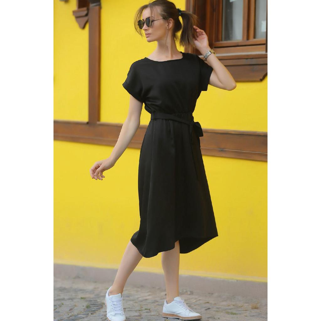 Rochie neagră pentru femei, cu talie elastică, cu braț-18y001133