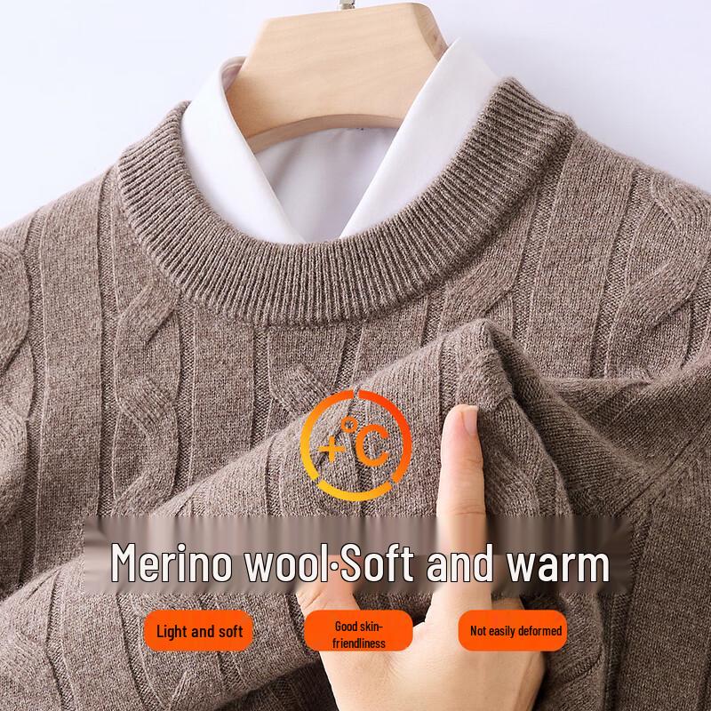 Golden Chrysanthemum Men's 100% Wool Round Neck Cable Knit Sweater