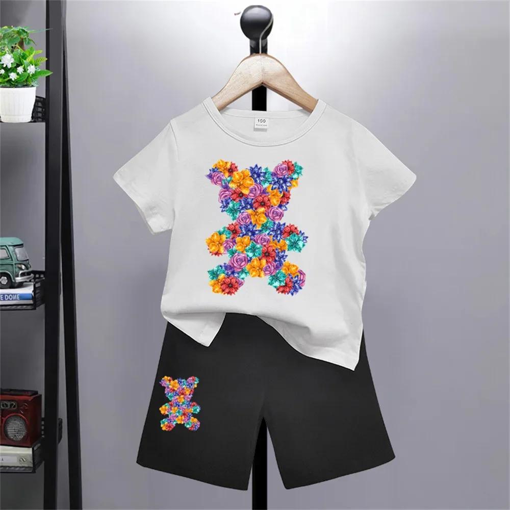 Bear Pattern Kids T-shirt Pants Kawaii T-shirt  Anime Cartoon Kids Casual Clothing 2-piece Set Kids Girls Boys Fashion Y2K