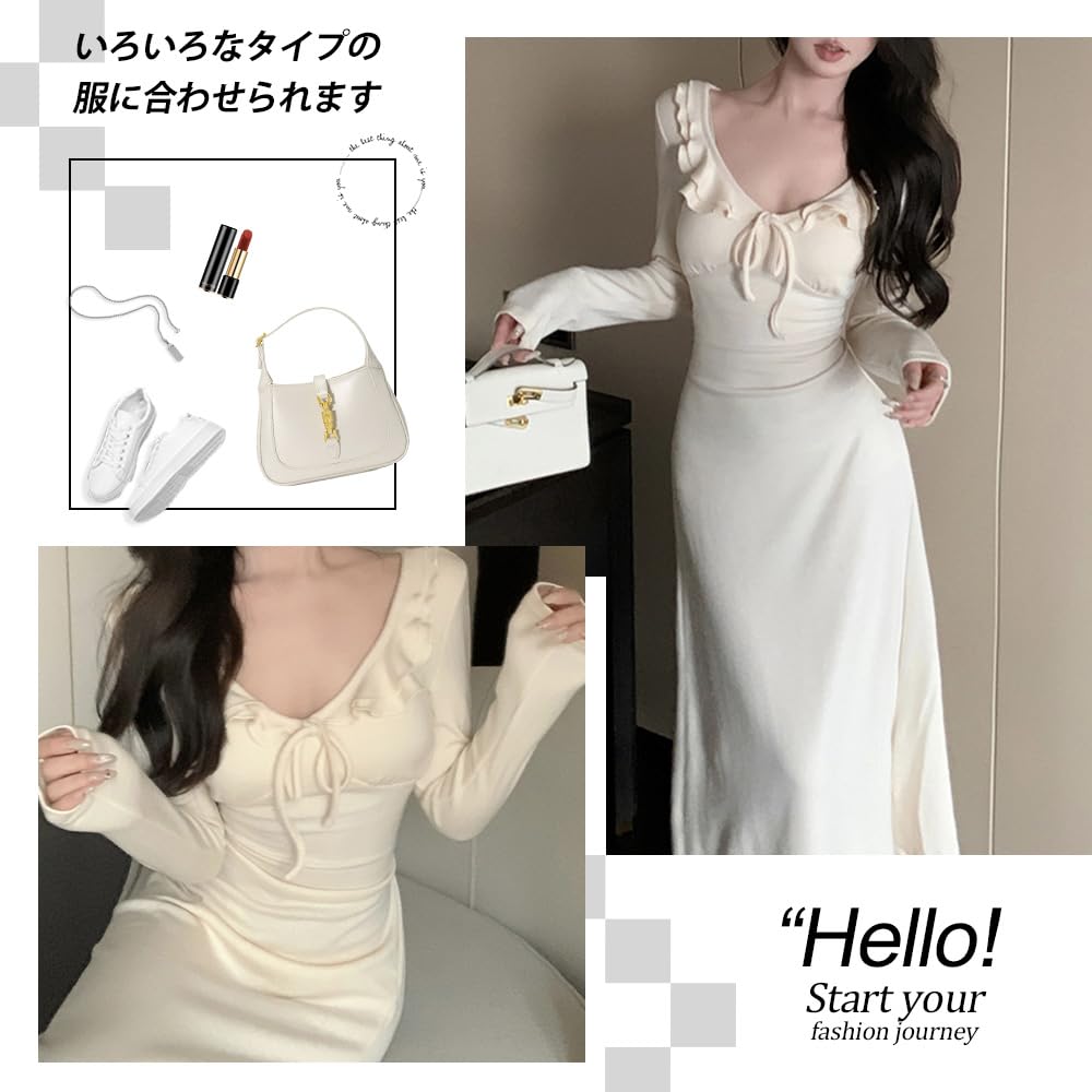 PHOLEEY Long Tight Midi Elegant for Women's Dress, Sleeve, V-Neck, Ruffles, Ribbon, Length, Fall/Winter