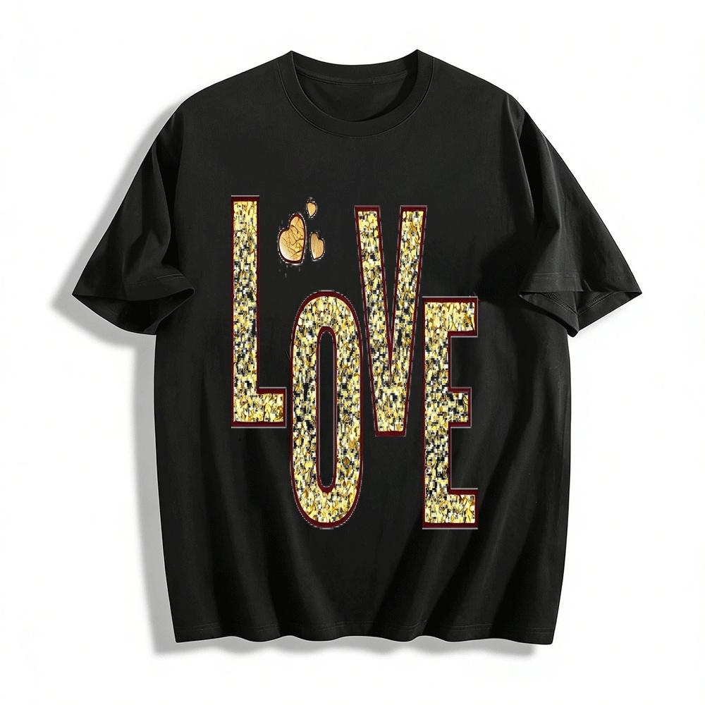 Glitter LOVE Heart Print Casual Versatile Daily Crewneck T-Shirt Pure cotton T-shirt XXS