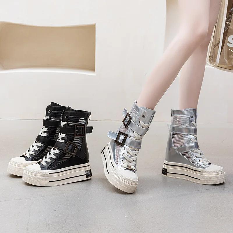 Fashion 12CM Hollow Patent Leather Summer Breathable Buckle Wedge Platform Wedge ZIP Fashion Sandals Casual Knee High Ankle Boots Shoes