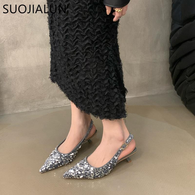 Móda SUOJIALUN 2024 Jaro Nové Dámské Sandály Módní Bling Korálky Dámské Elegantní Boty Slingback Špičatá Špička Nazouvací Muly Lodičky Boty