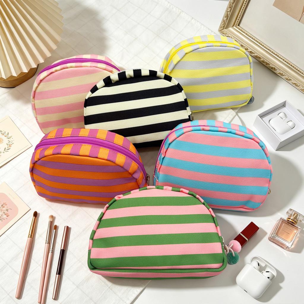 Canvas Striped Half Moon Makeup Bag With Zipper For Travel And Home Storage