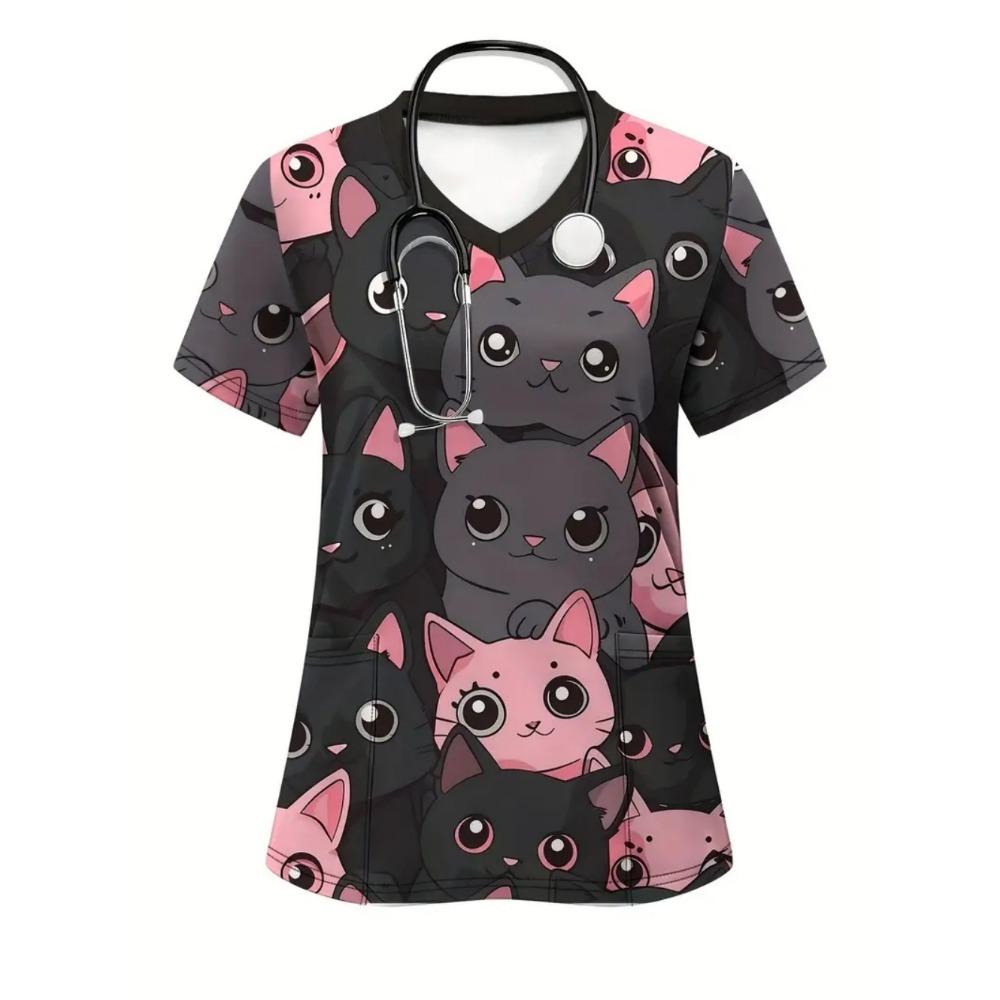 Tierärztin Katze Cartoon Druck Medizinische Uniformen Frau Mode V-Ausschnitt Tasche Gesundheitswesen Kittel Freizeit Zahnarzt Uniform Krankenschwester Frau 6XL gray