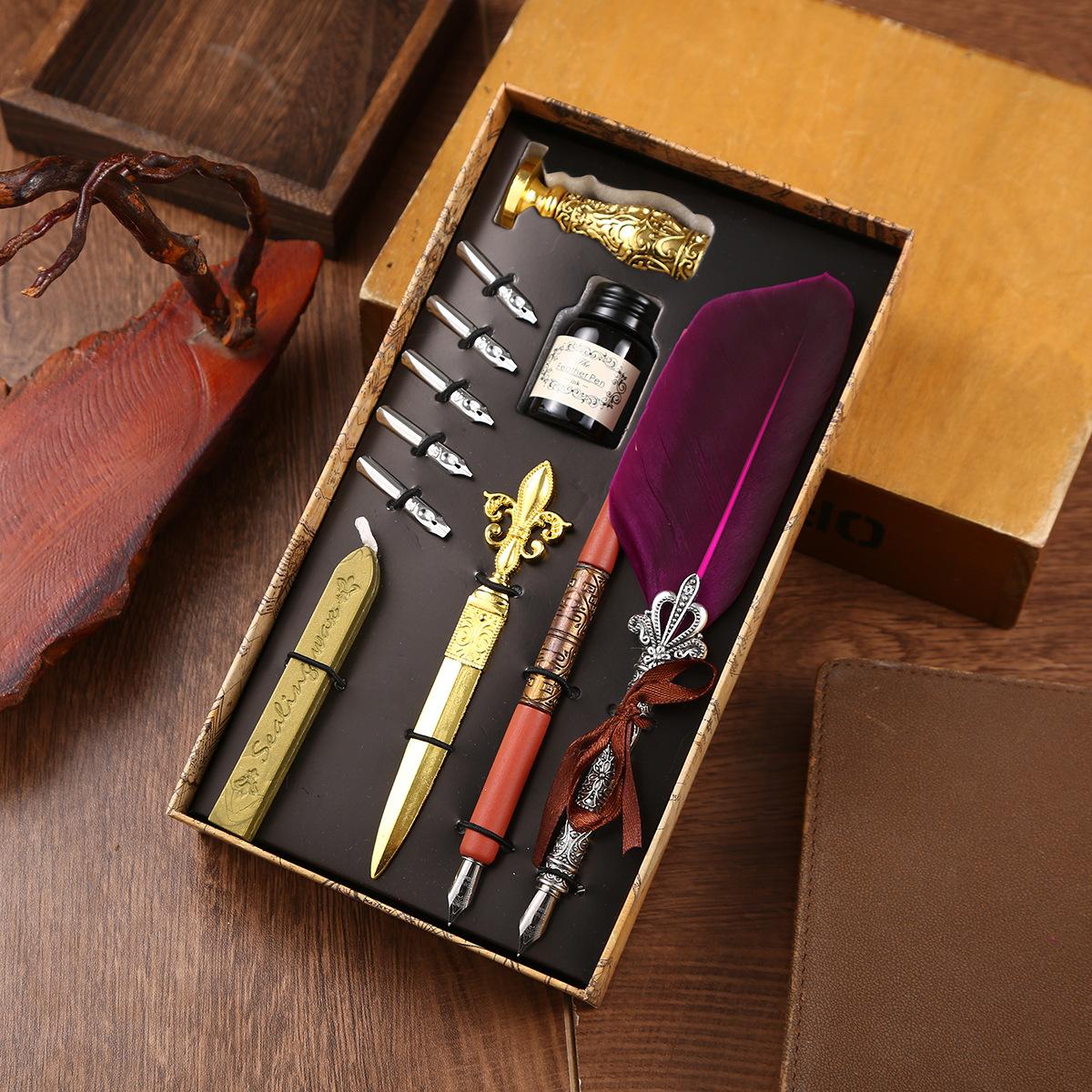 

British Quill Set, Water-Dipped Seal, Feather Pen Gift Box, Gift Pen For Classmates On Children S Day 0.5mm