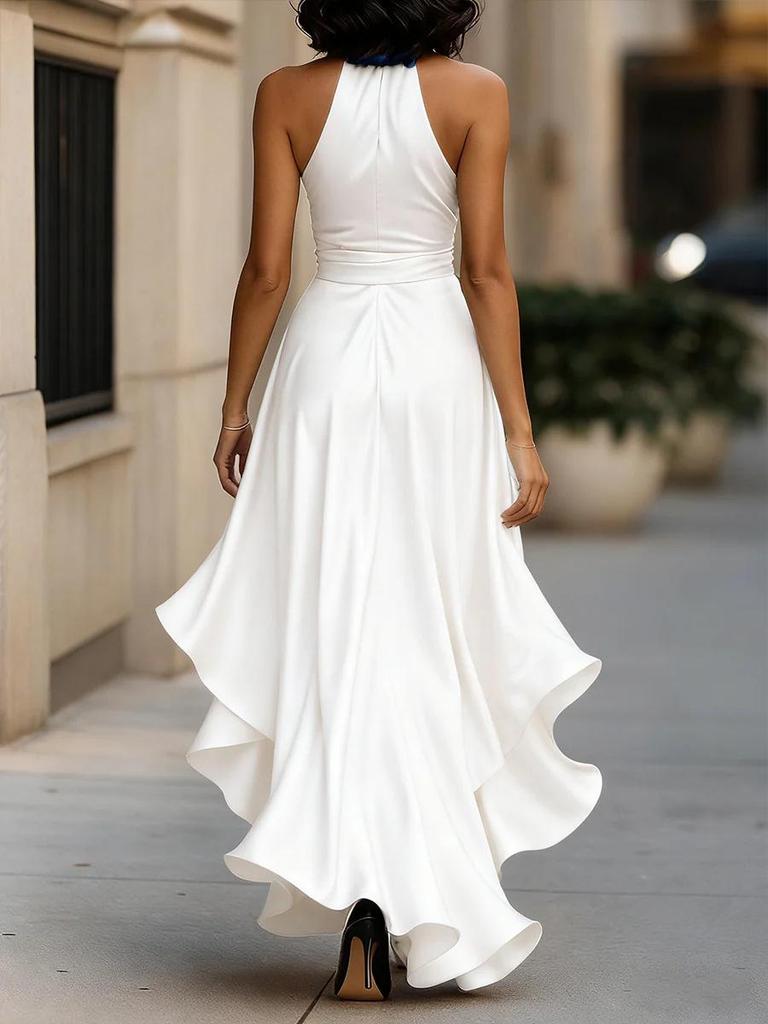 Elegant Satin V-Neck Sleeveless Ruffle Dress for Women