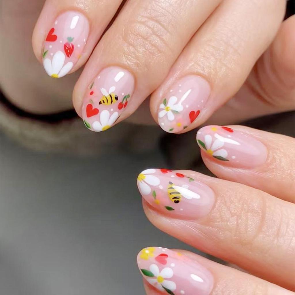 24 Pcs Sweet Flowers False Nail Bees Artificial Nail Glossy Full Cover Stick on Nail Short Oval Press On Nail