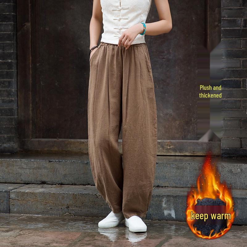 2026 Spring/Summer Women s Cotton Linen Slimming Lantern Pants - Sand Washed Loose Fit. Large