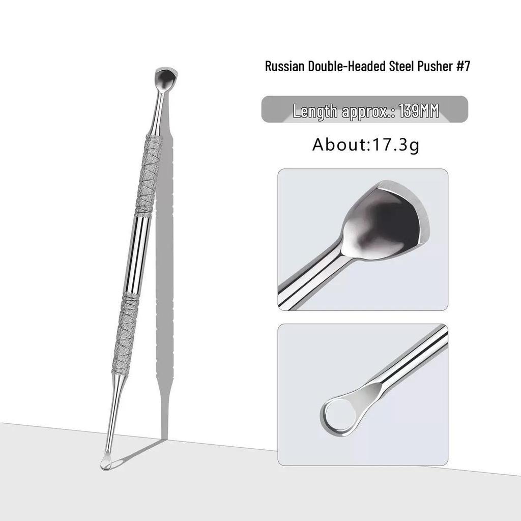 Russian Style Slanted Head Nail Art Tool: Double-Headed Steel Pusher & Gel Remover Stick.
