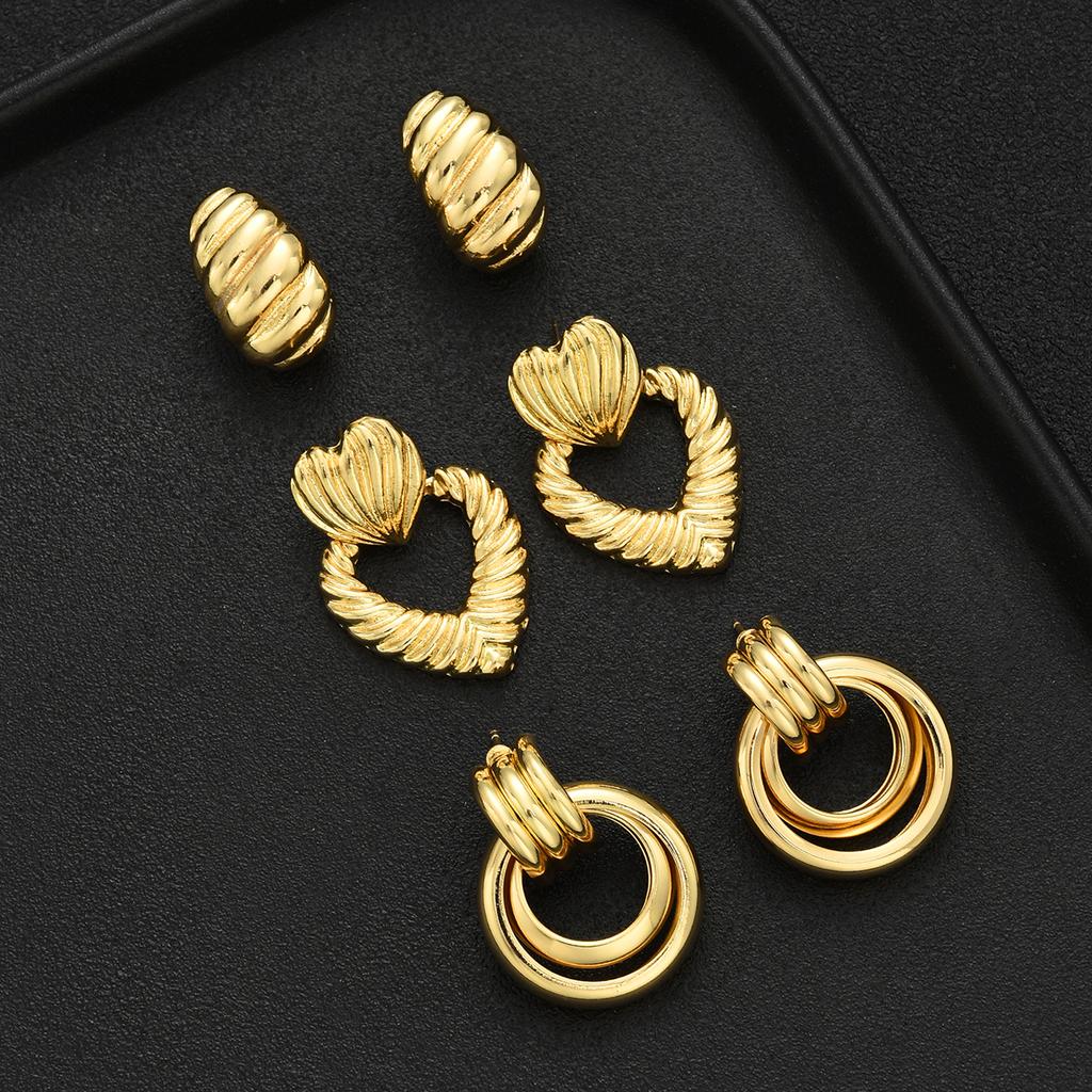 6pcs Fashion Glossy Texture Heart Shaped Earrings Set Gold Color Double Layer Round Circle Stud Earring Vintage Jewelry Gift New