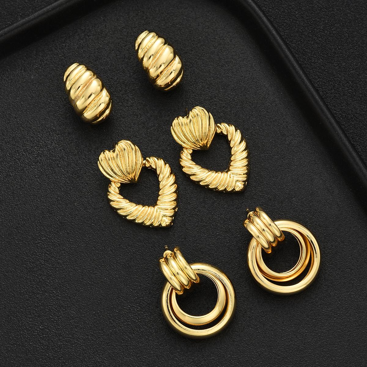 

6pcs Fashion Glossy Texture Heart Shaped Earrings Set Gold Color Double Layer Round Circle Stud Earring Vintage Jewelry Gift New