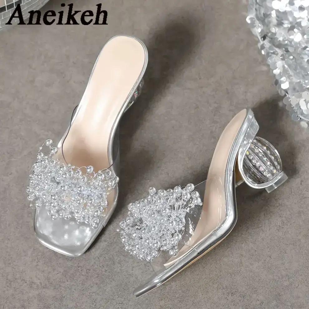 Fashion New Women High Heels Water Diamond Flower Sandals with Transparent Thick Bottom Women Shoes Party Dress PVC Slippers Mules Shoes