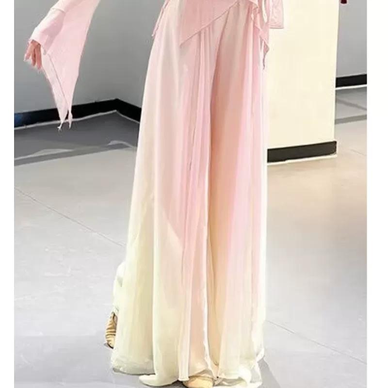 Women's Gradient Butterfly Chinese Classical Dance Set, Sheer Chiffon Tunic & Flowy Pants For Practice & Performance