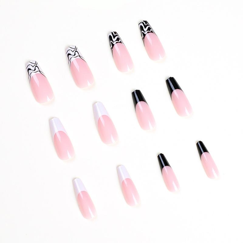Fake Nail Manicure Patch French Manicure Black and White Color Matching Nail Patch Wearing Nail Finished Product Direct Supply