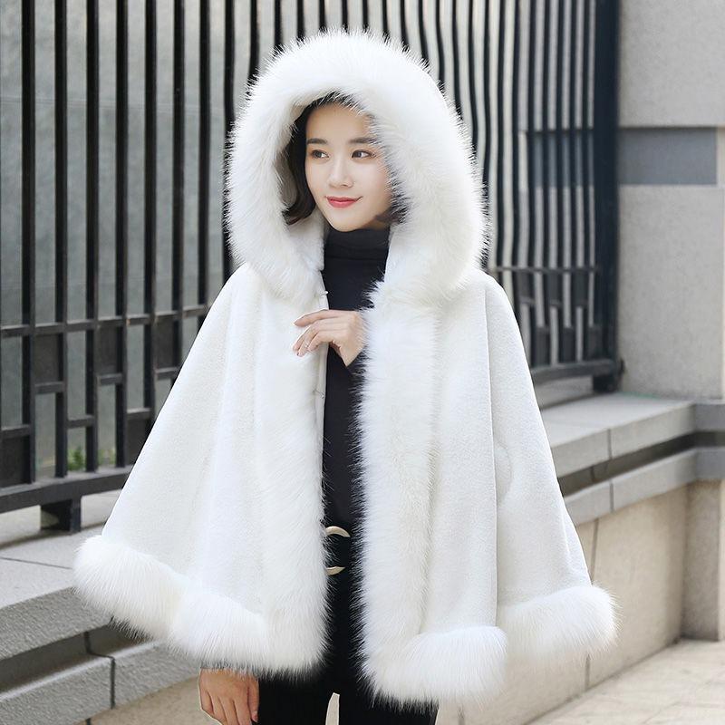 New Hooded Cape Cape Winter Shawl Coat Imitation Fur Coat Women's Medium and Long Imitation Fur