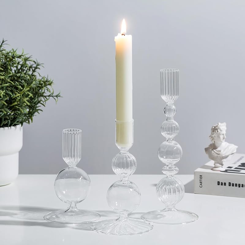 Glasseam Pink Glass Candlestick Holder: Unique Candle Holders Set of 3 Modern Taper Candle Holder Decorative Candle Holders for Table Centerpiece чистый