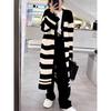 Autumn Lazy Wind Knitted Cardigan Over Knee Coat Autumn and Winter Long V-Neck Striped Contrasting Sweater Jacket Women