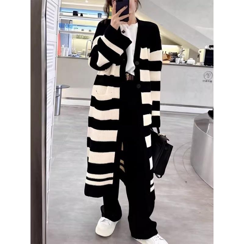 Autumn Lazy Wind Knitted Cardigan Over Knee Coat Autumn and Winter Long V-Neck Striped Contrasting Sweater Jacket Women