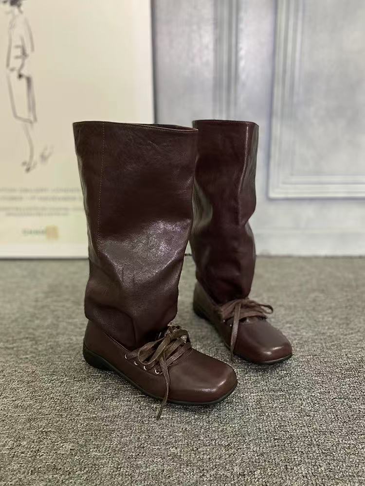 

Французские ретро западные ботинки на каблуке женские 2025 осень новая мягкая кожа на шнуровке плиссированные ботинки средней длины ботинки-чулки тонкие ботинки 40 бордовый