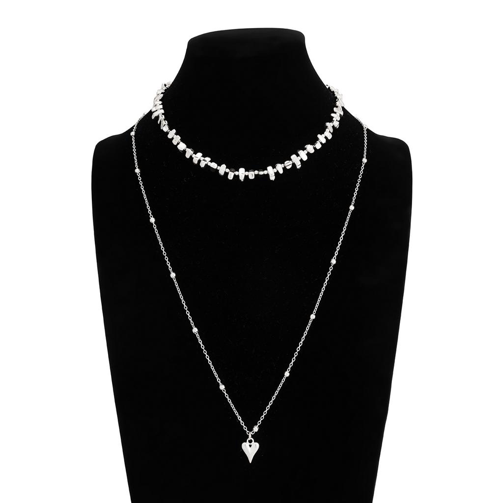Fashion Metal Love Pendant Stacked Long Necklace, Irregular Gravel Round Bead Chain Necklace