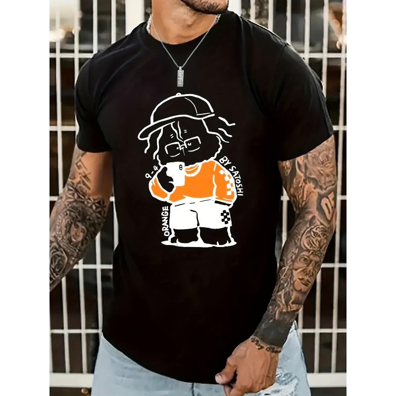 European Size Cartoon Figure Pattern T-shirt, Men's Casual Street Style Stretch Round Neck Tee Shirt For Summer