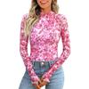 Spring and Autumn Fashion Pullover High Neck Long Sleeve Lace Floral Mesh Base Shirt Women