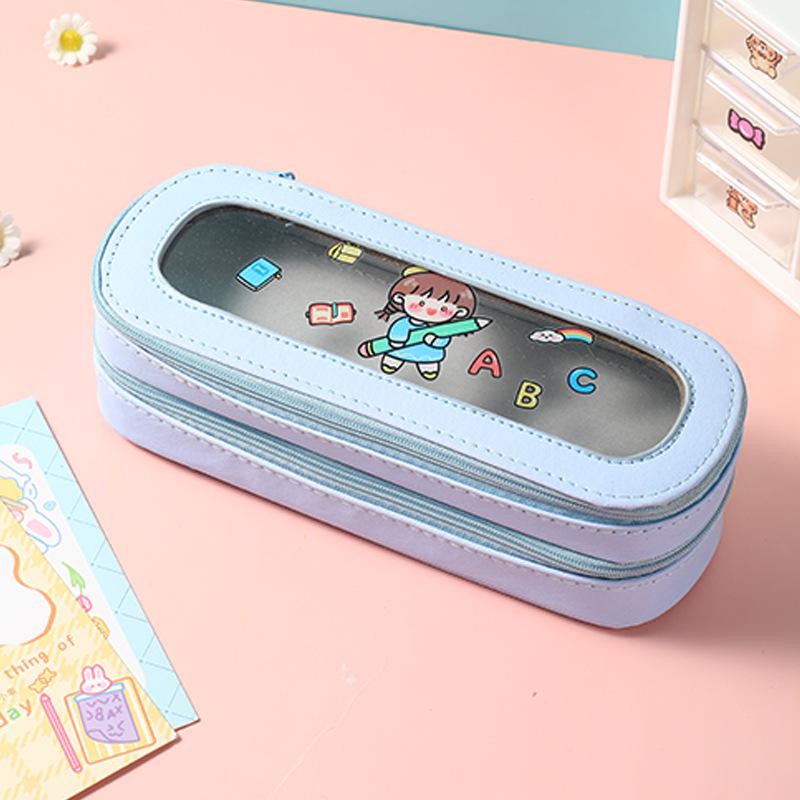 Large Capacity Transparent Cartoon Pencil Case for Girls with Double-Layer Design, Ideal for Elementary School Students