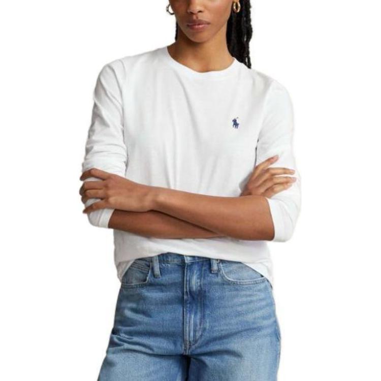 Polo Ralph Lauren Logotipo Bordado Gola Redonda Manga Comprida Camiseta Mulher Camisetas Branco 211898699-001