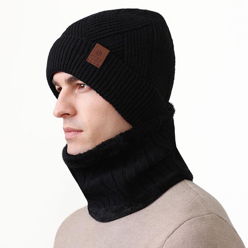 Men's Wool Thick Knitted Hat Scarf Winter Cashmere Ear Protection Warm Wool Hat