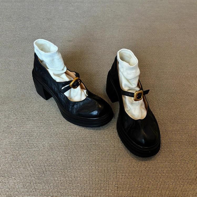 Sheepskin Version~ British Versatile Thick-soled Round-headed Small Leather Shoes for Women's Retro Shallow Mouth One-word Buckle Thick-heeled
