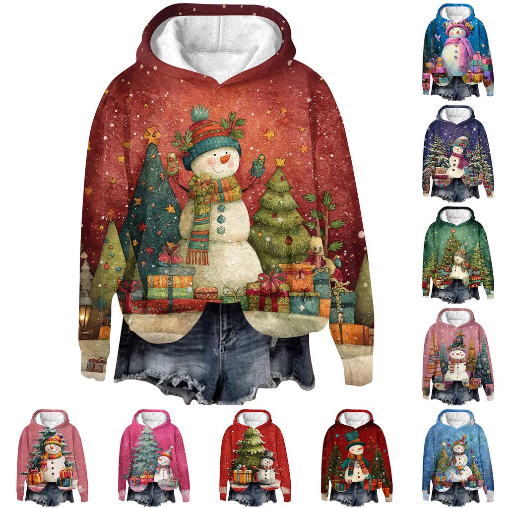 Women's Fashion Long Sleeve Christmas Print Loose Hooded Sweatshirt Top