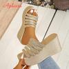 Fashion Aphixta Gold Sole Weave Design Women Wedge Slides 9cm High Heels Summer Beach Shoes for Woman Fashion Women's Sandals
